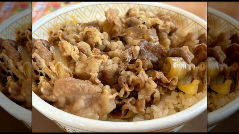 Beef and rice bowl on a table
