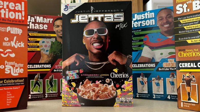 jettas mix cereal box with other NFL cereal boxes on counter
