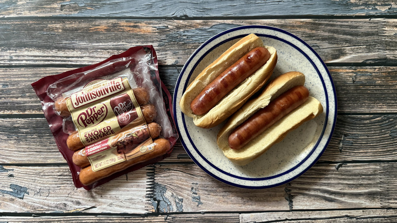 Johnsonville Dr Pepper Inspired Sausage package and sausages on a plate