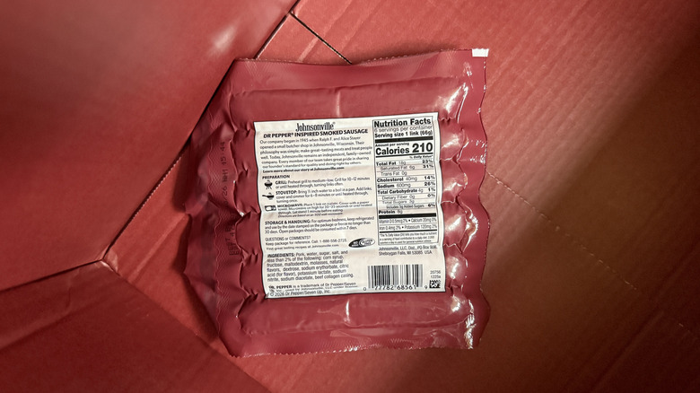 back of the Johnsonville Dr Pepper Inspired Sausage packaging
