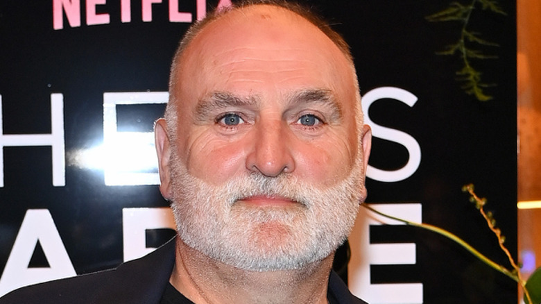 José Andrés wearing a navy blue overshirt and black sweater at a Netflix event.