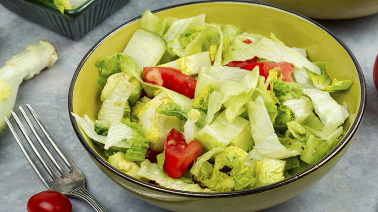 Bowl of salad made with lettuce and tomatoes