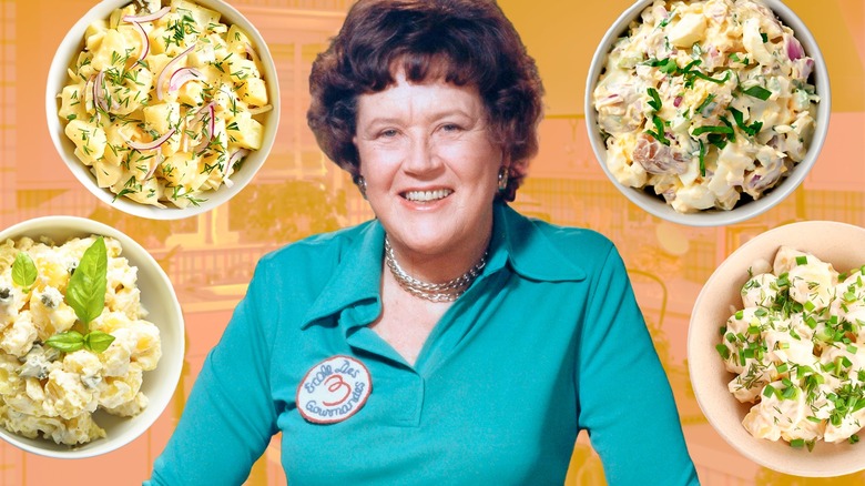 A smiling Julia Child with floating bowls of potato salad