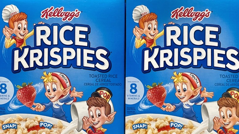 Two boxes of Rice Krispies on a supermarket shelf