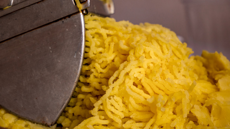 Cooked potatoes prepped with a vintage metal potato ricer