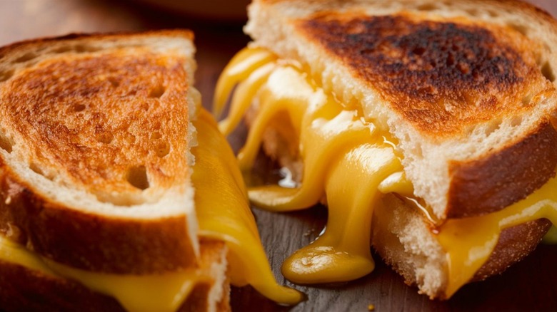 Grilled cheese sandwich oozing melted cheese