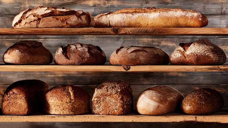 Loaves of various fresh artisan breads on three shelves