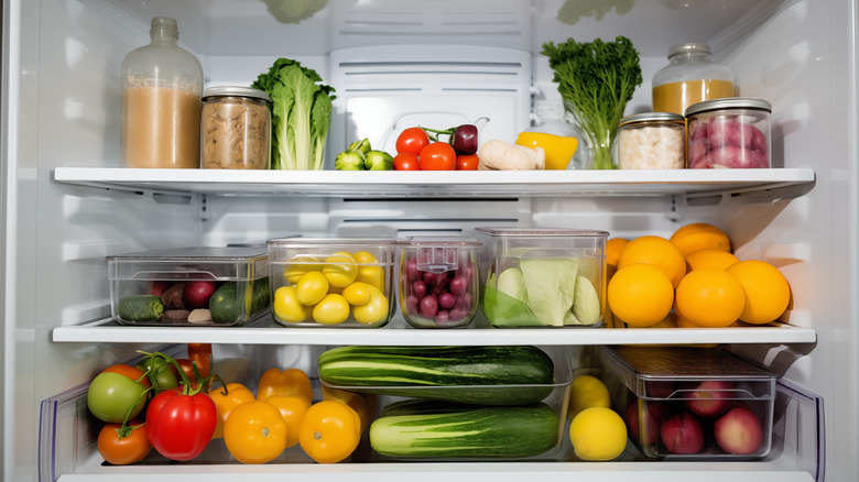 Three organized shelves inside a fridge with colorful fruit and veggies