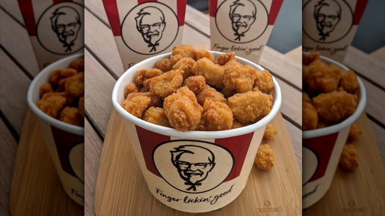 A bucket of KFC's popcorn chicken.