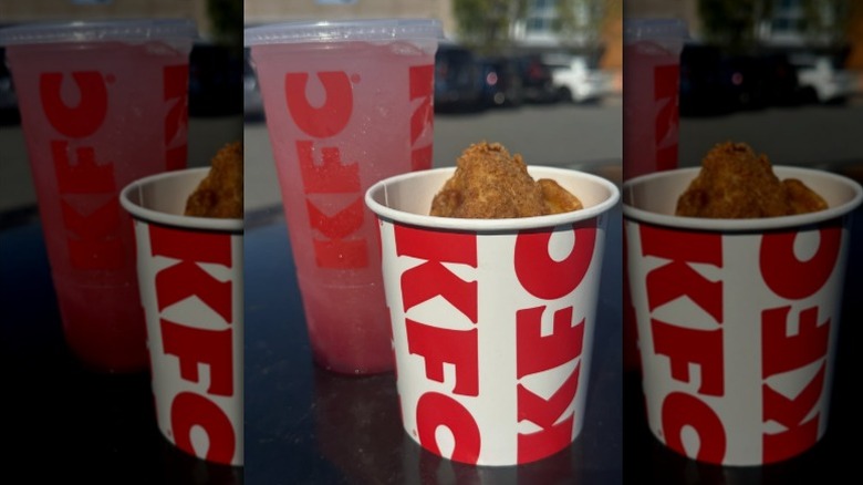 A KFC Go Bucket and a Sour Cherry Lemonade.