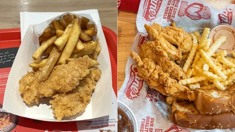Raising Cane's chicken finger meal and KFC chicken tender combo side by side.