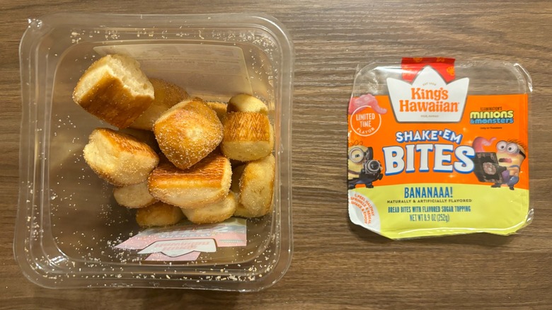 King's Hawaiian x Minions Shake 'Em Banana Bites in container on wooden table