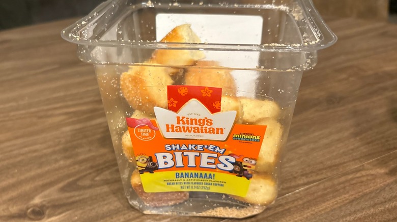 King's Hawaiian x Minions Shake 'Em Banana Bites package opened with banana sugared rolls inside