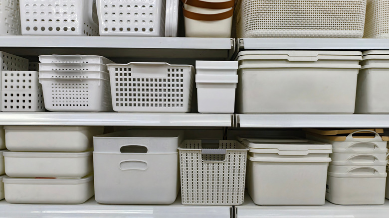 Rows of various gray storage bins.