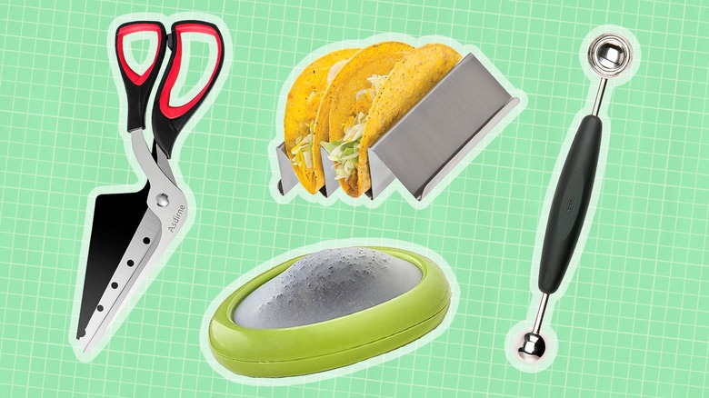 Various kitchen gadgets on a green background