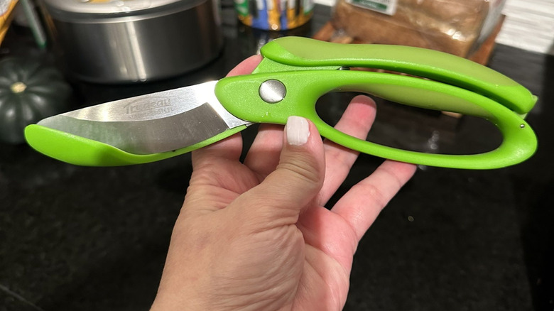 A hand holding green salad scissors