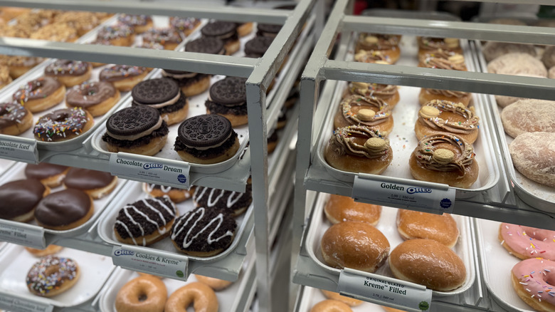 racks of Krispy Kreme doughnuts