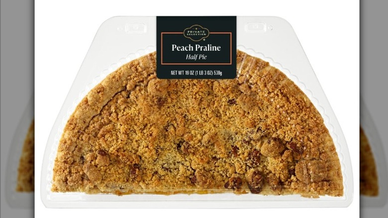 Private Selection Peach Praline Half Pie in clear plastic clamshell packaging