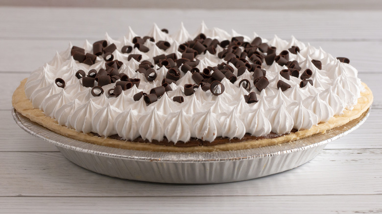 Store-bought French silk pie in foil pie pan