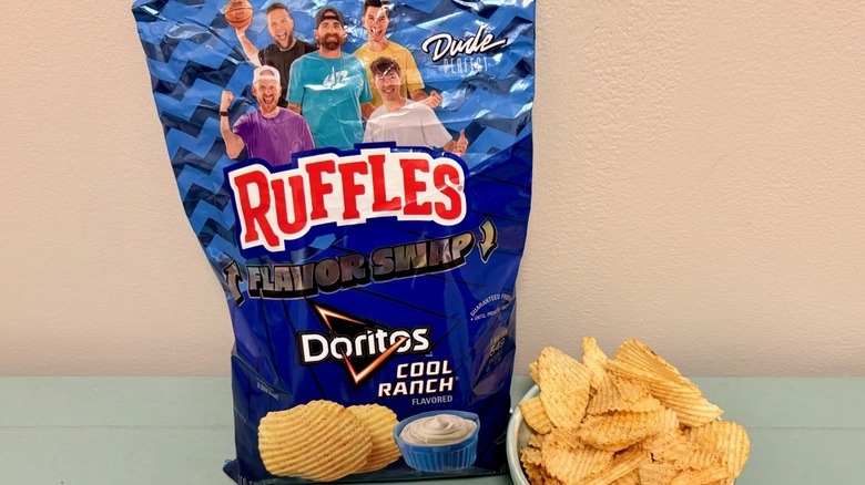 A bag and bowl of Doritos Cool Ranch on Ruffles, with cast of Dude Perfect above Ruffles logo on bag