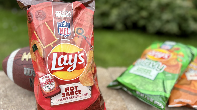 A bag of Lay's NFL hot sauce flavor potato chips