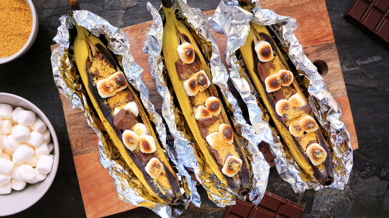 Three banana boat s'mores in foil