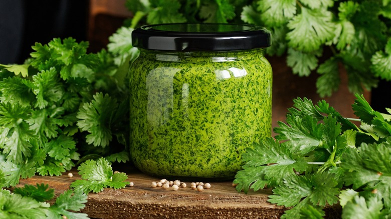 A glass jar of green pesto on a cutting board pictured with parsley and coriander seeds