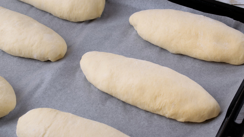 Shaped loaves of raw dough on parchment paper