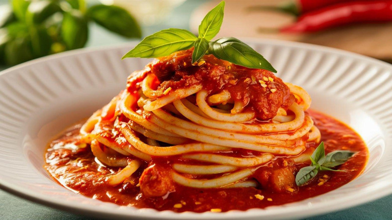 Spicy pasta with a tomato sauce and fresh basil served on a white plate