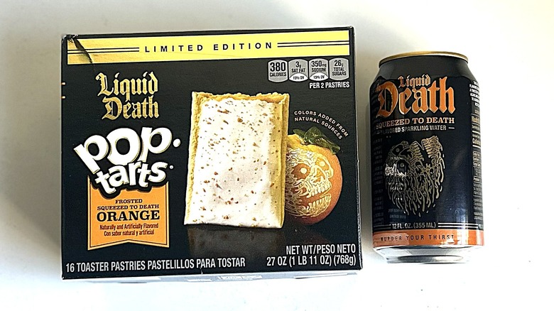 A box of Pop-Tarts Liquid Death Squeezed to Death Orange next to a can of Liquid Death Squeezed to Death Orange