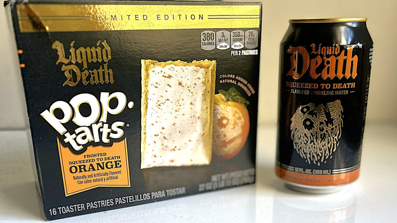 A box of Pop-Tarts Liquid Death Squeezed to Death Orange next to a can of Liquid Death Squeezed to Death Orange