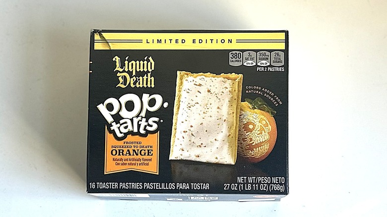 A box of Pop-Tarts Liquid Death Squeezed to Death Orange on a white background