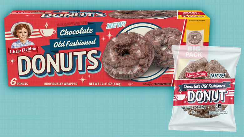 Box of Little Debbie Chocolate Old Fashioned Donuts with individually wrapped donut in front of it