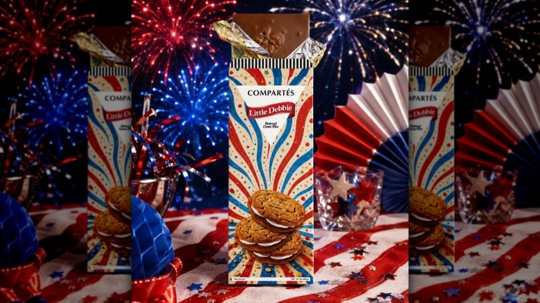 Compartés Little Debbie Oatmeal Creme Pies chocolate bar in front of patriotic background
