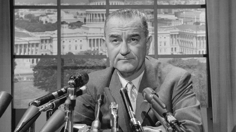 President Lyndon B. Johnson addressing the press.