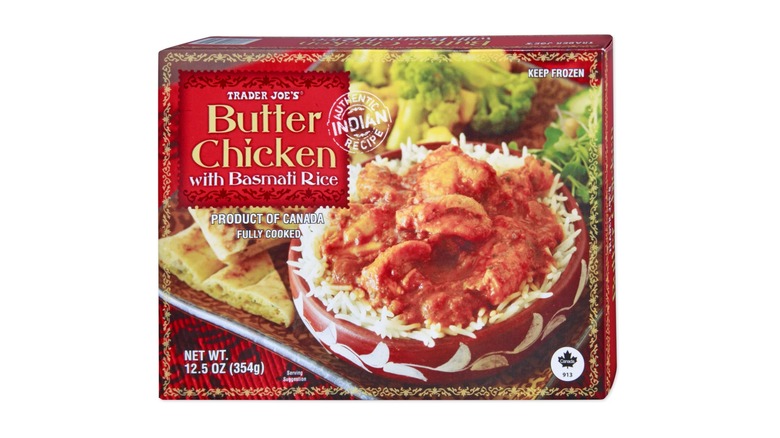 Box of Trader Joe's Butter Chicken with Basmati Rice on white background