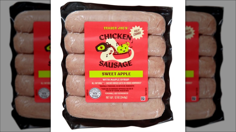 Package of Trader Joe's Sweet Apple Chicken Sausage on white background