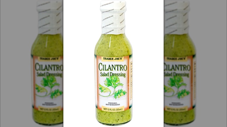Bottle of Trader Joe's Cilantro Salad Dressing on white background