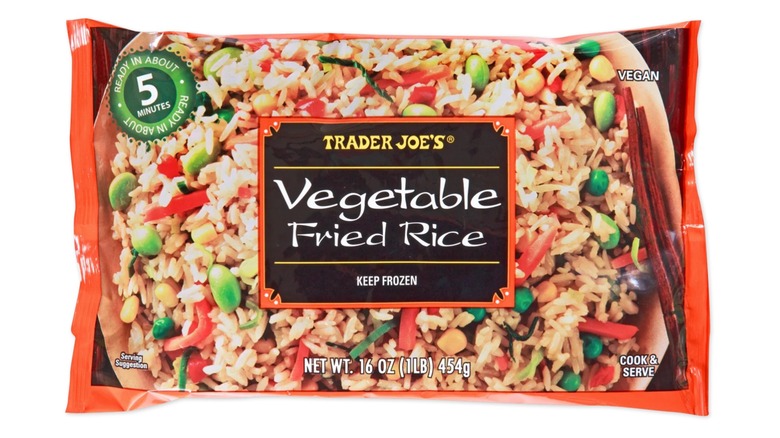 Bag of frozen Trader Joe's Vegetable Fried Rice on white background