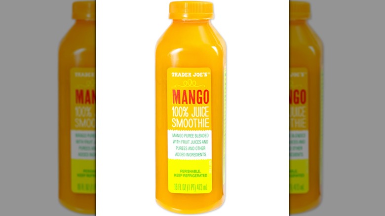 Bottle of Trader Joe's Mango 100% Juice Smoothie on white background