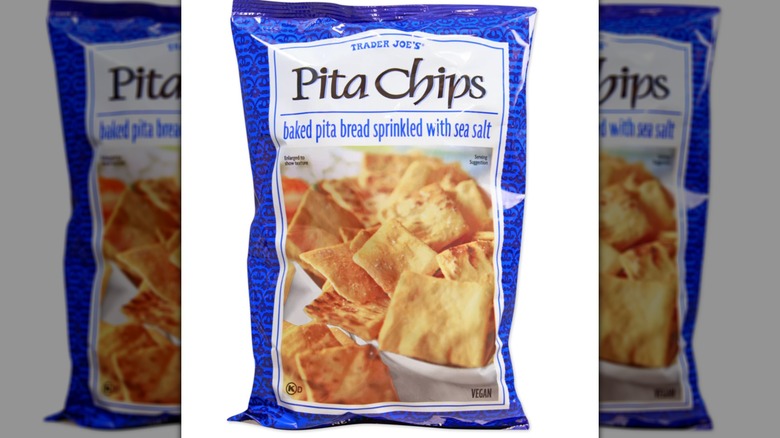 Bag of Trader Joe's Pita Chips on white background