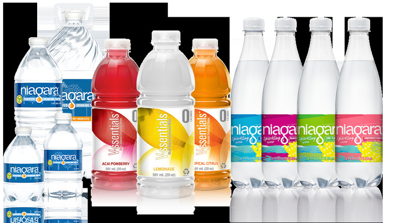 Beverage bottles from Niagara Water displayed
