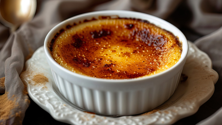 crème brûlée in a white ramekin