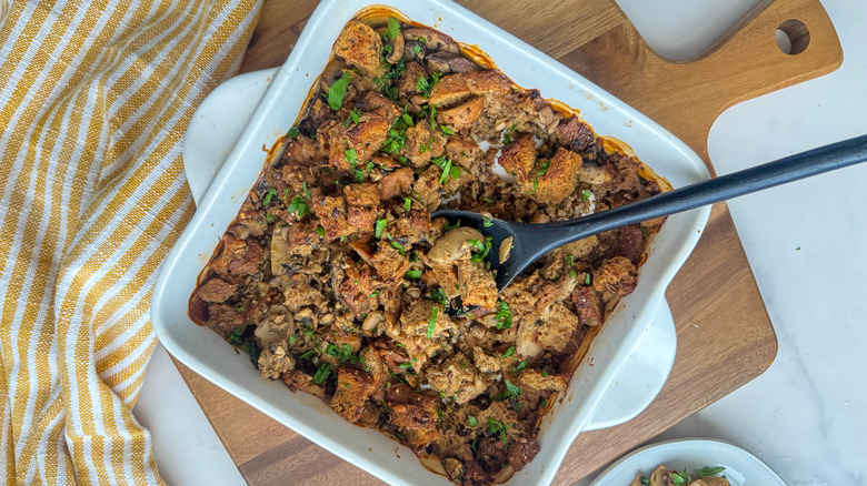 Mushroom stuffing in baking dish