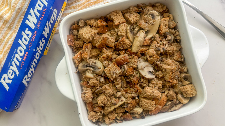 mushroom stuffing in baking dish