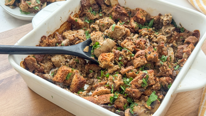 Mushroom stuffing in baking dish