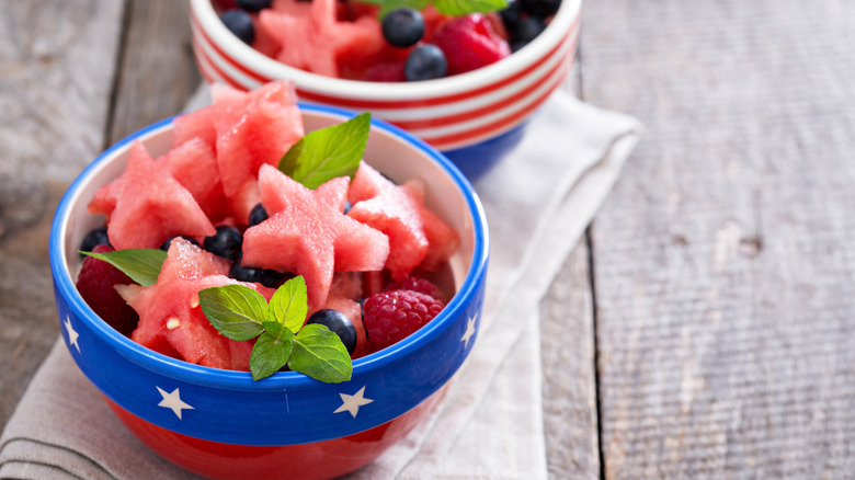 Patriotic bowls of mixed fruit salad