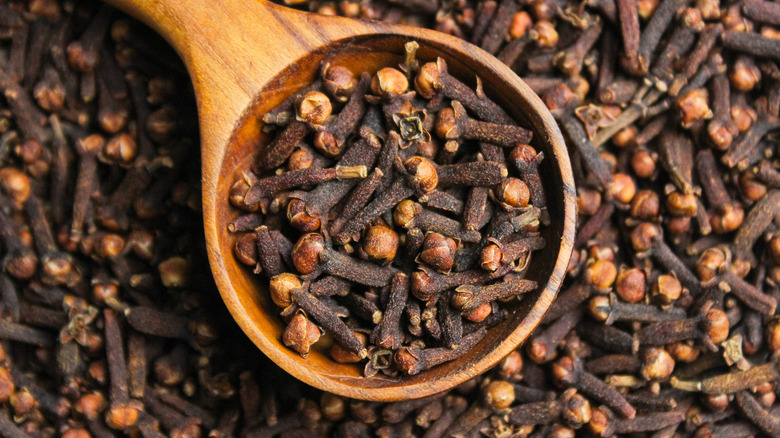 Whole dried cloves in a wooden spoon