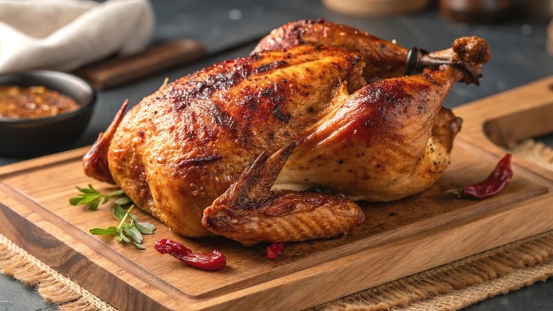 A roast chicken on a wooden cutting board.