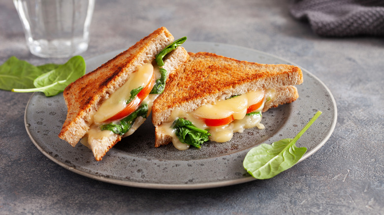 Grilled cheese sandwich with tomatoes and lettuce on a gray plate